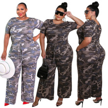 Camouflage print long casual wide leg plus size jumpsuit for women